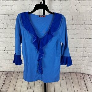 Barbra Lesser Blue Ruffle V-Neck 3/4 Length Sleeves Size Medium